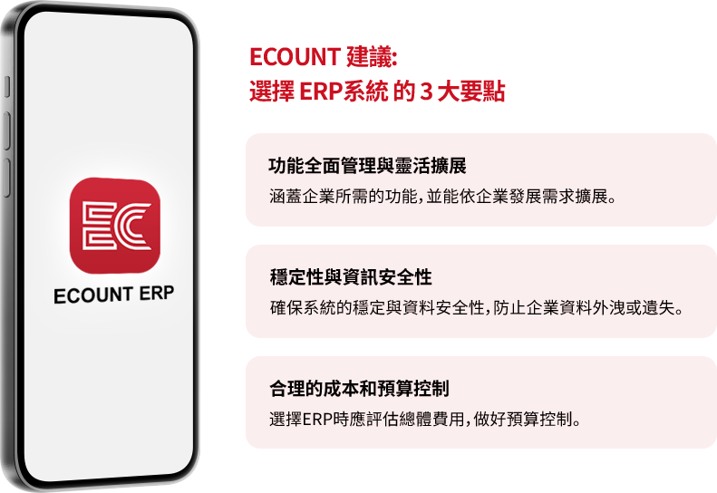 : ECOUNT 建議:選擇 ERP系統 的 3 大要點 選擇ERP系統時,應考量功能全面與擴展性、安全性與穩定性,以及合理的成本與預算控制。
